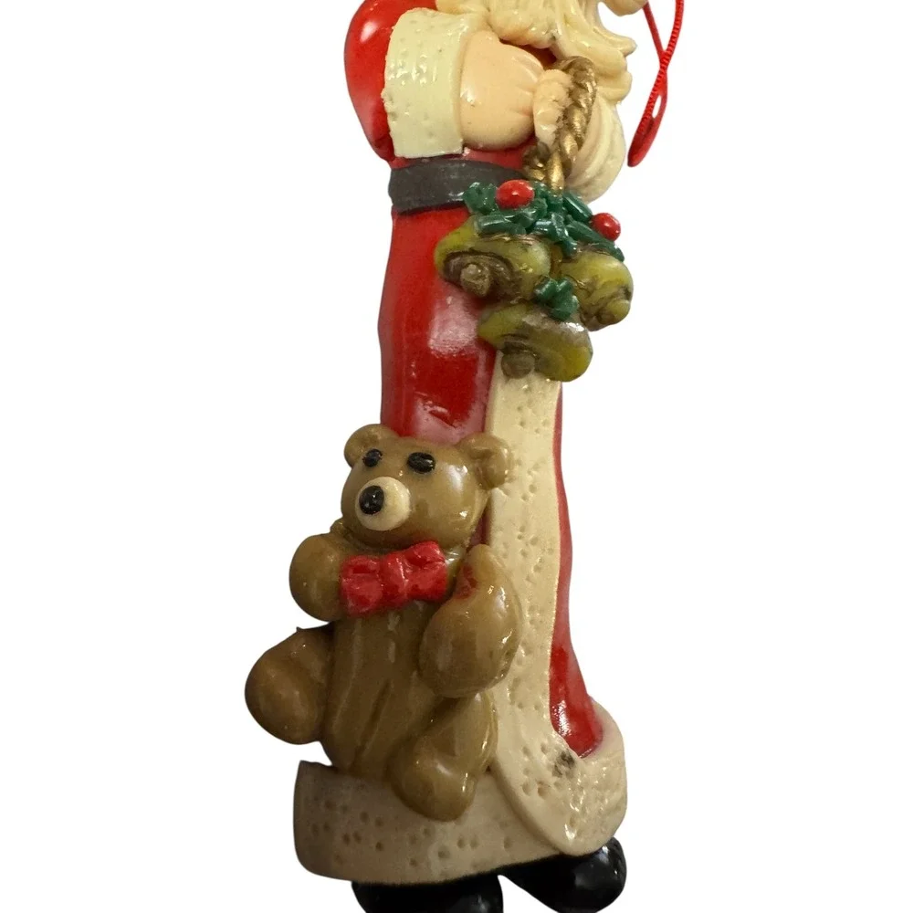 Vintage Style Santa Claus Christmas Ornament with Teddy Bear and Bells Red 4.5in